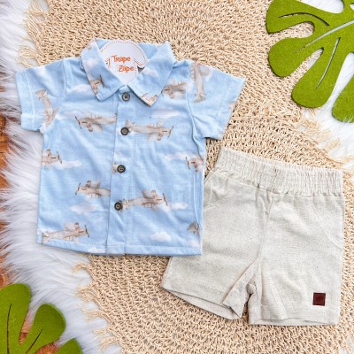 Conj. Camisa Aviões e Bermuda em Linho - Azul Claro e Areia